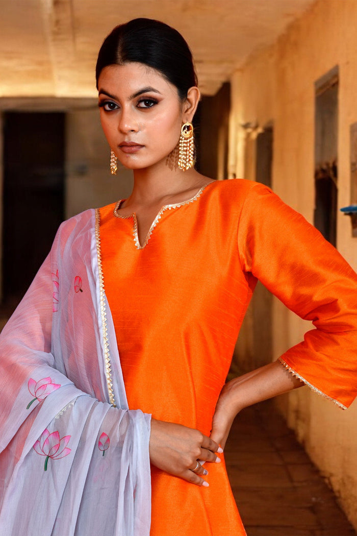 Orange Dupion Silk Kurta Set
