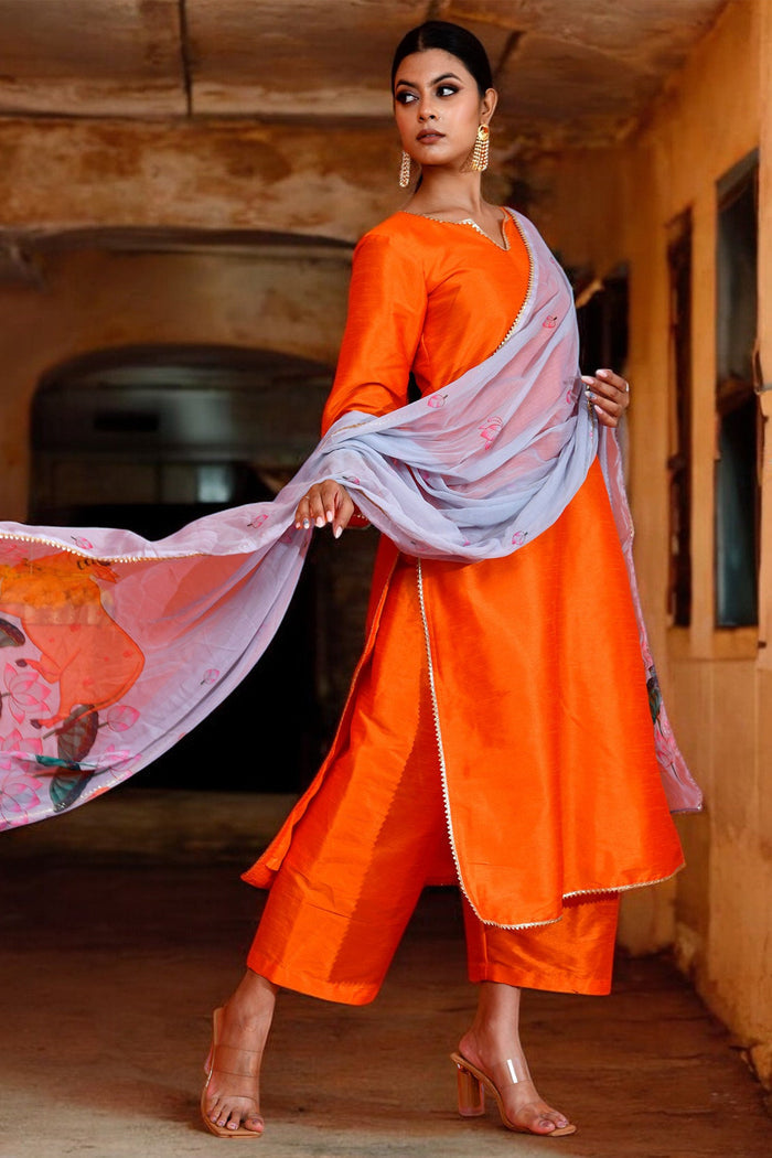 Orange Dupion Silk Kurta Set