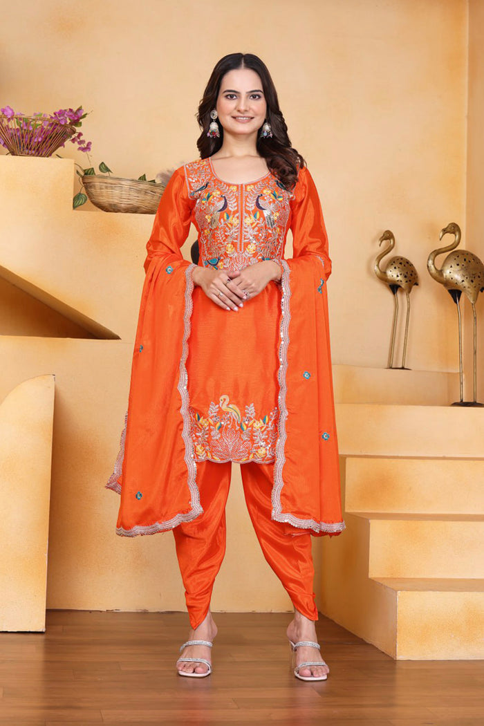 Orange Floral Embroidered Silk Kurta Set