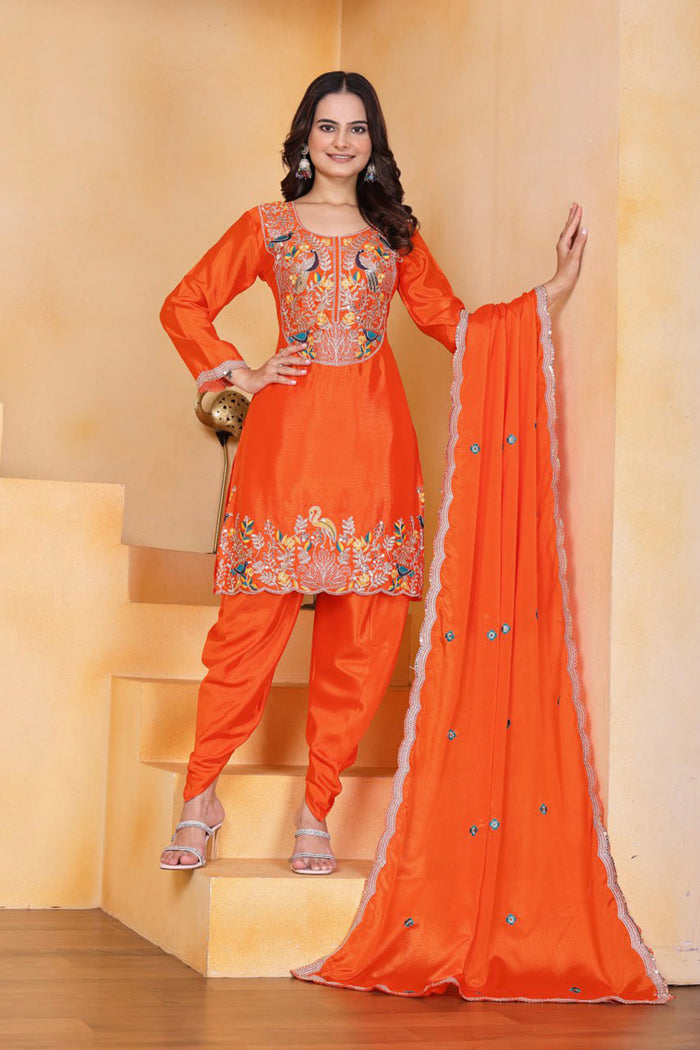 Orange Floral Embroidered Silk Kurta Set