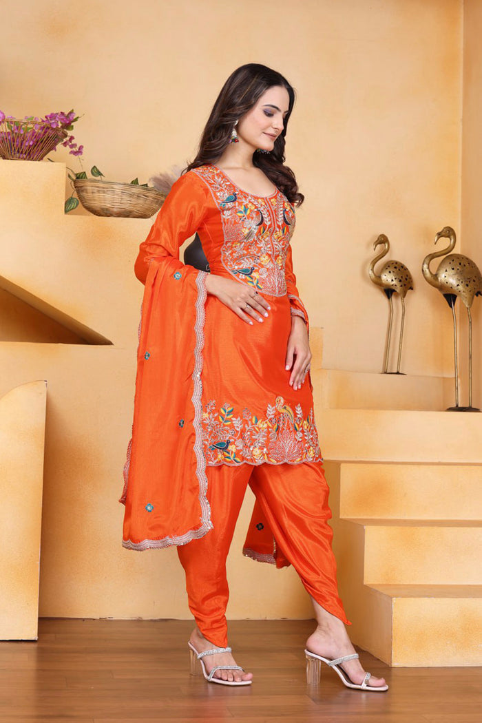 Orange Floral Embroidered Silk Kurta Set