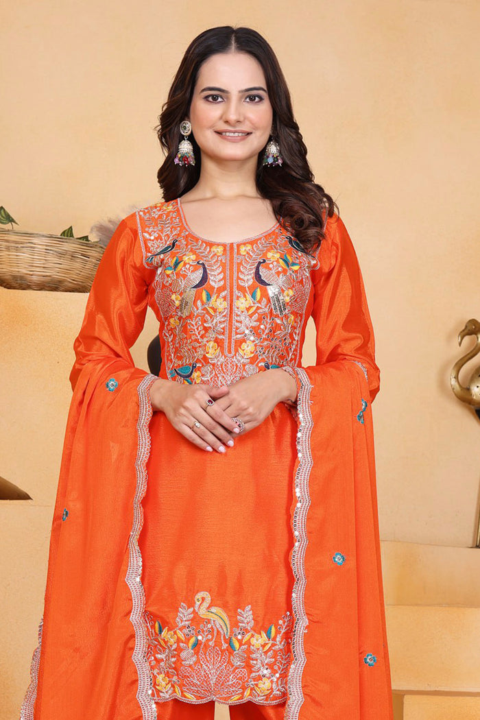 Orange Floral Embroidered Silk Kurta Set