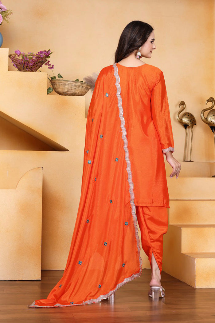 Orange Floral Embroidered Silk Kurta Set
