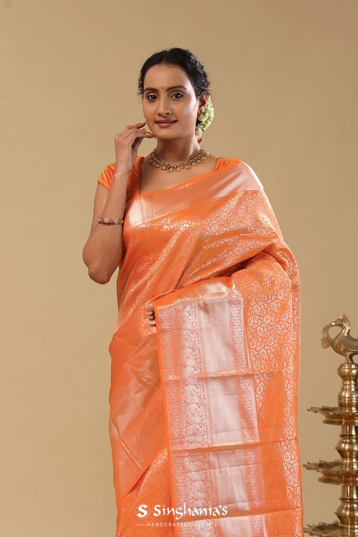 Orange Kanjivaram Silk Saree With Jaal