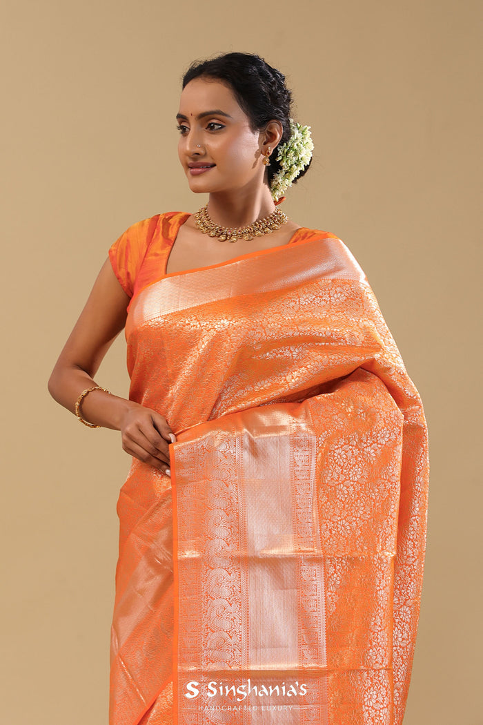 Orange Kanjivaram Silk Saree With Jaal