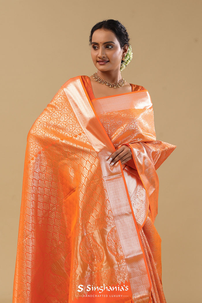 Orange Kanjivaram Silk Saree With Jaal