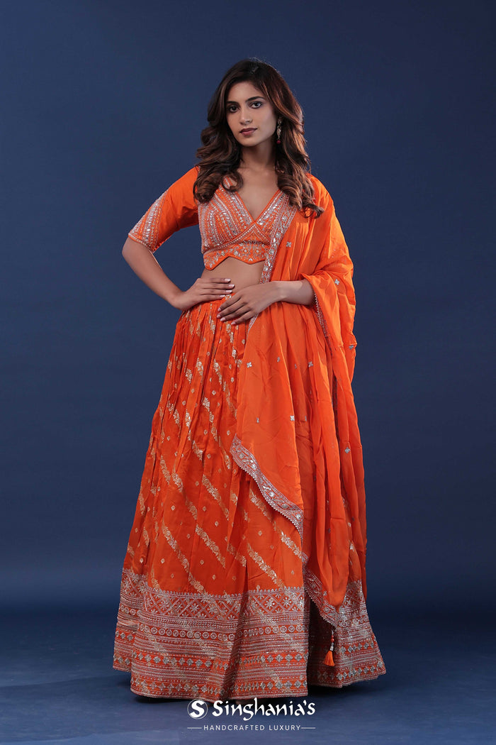 <img> Orange Organza Lehenga Set With Silk Dupatta
