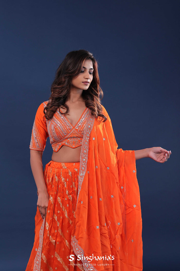 <img> Orange Organza Lehenga Set With Silk Dupatta