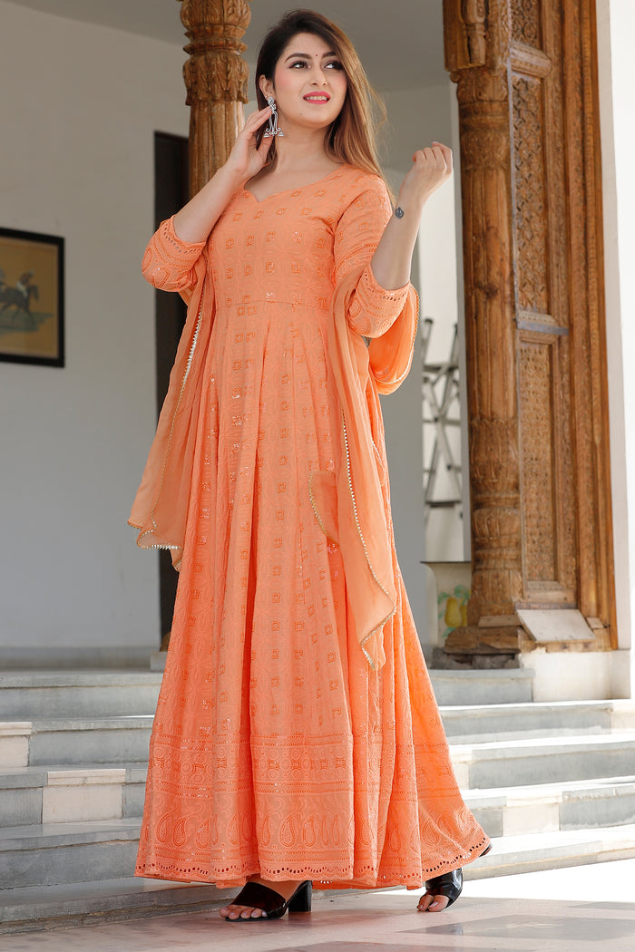 Orange Rayon Long Traditional Kurti With Dupatta
