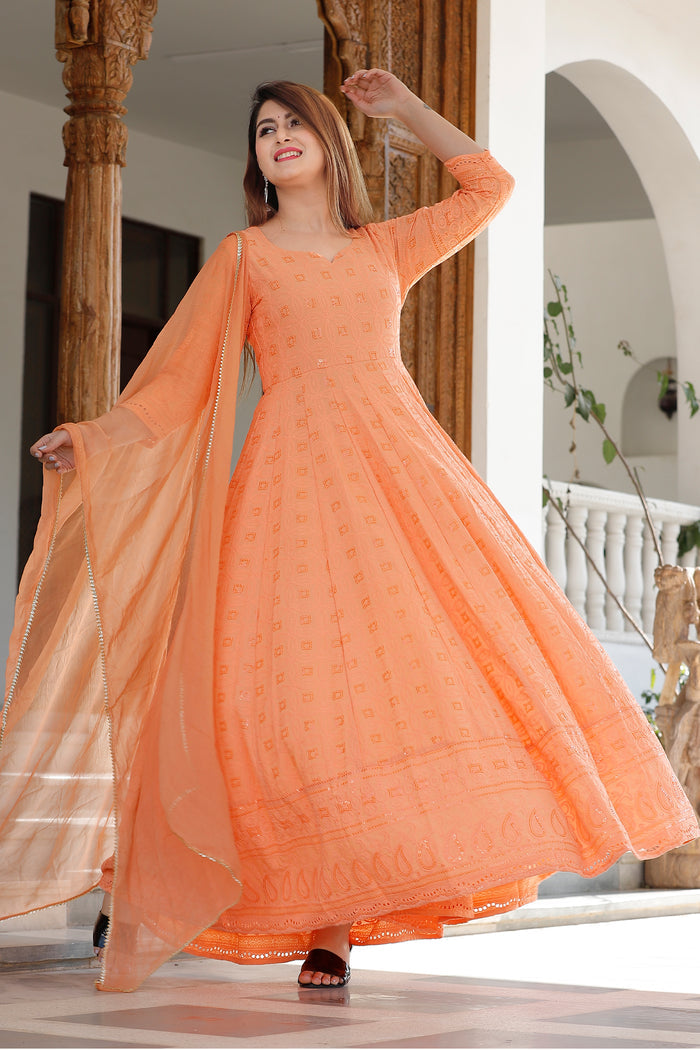 Orange Rayon Long Traditional Kurti With Dupatta