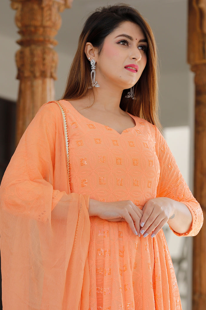 Orange Rayon Long Traditional Kurti With Dupatta