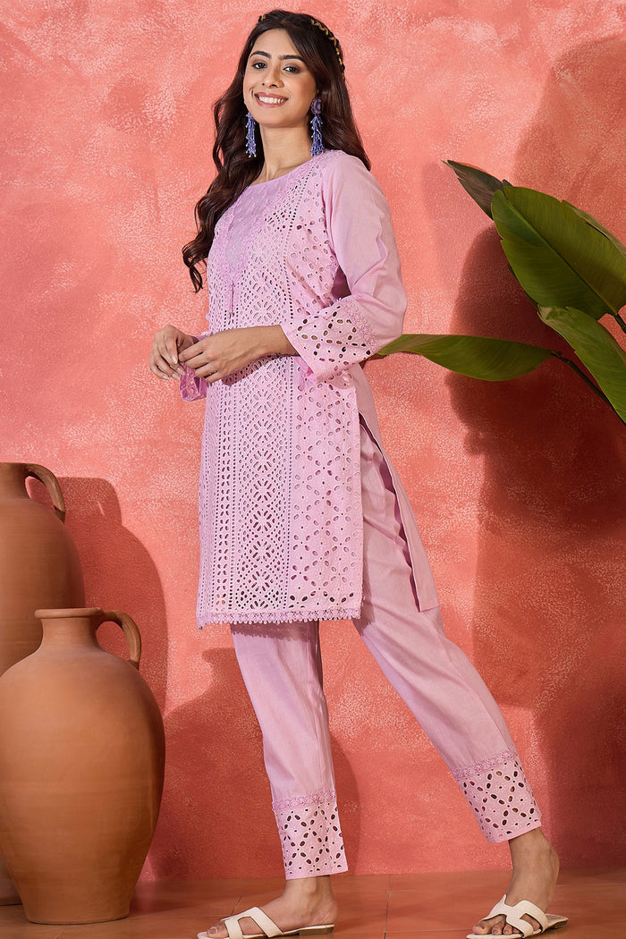 Orchid Pink Cotton Thread Work Kurta Set