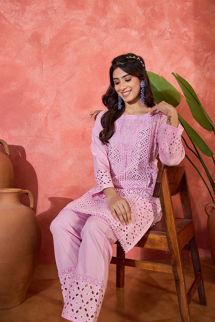 Orchid Pink Cotton Thread Work Kurta Set