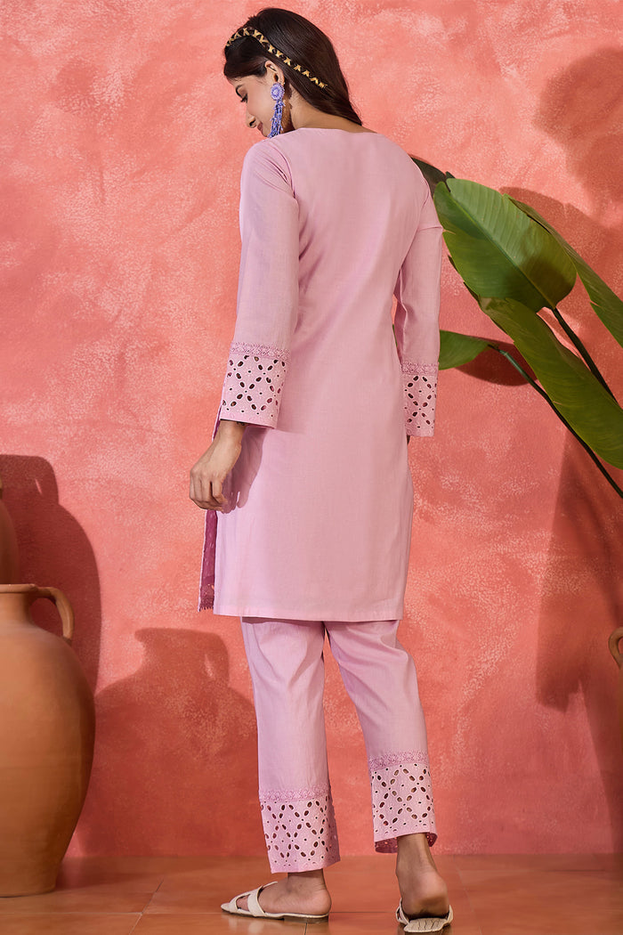 Orchid Pink Cotton Thread Work Kurta Set