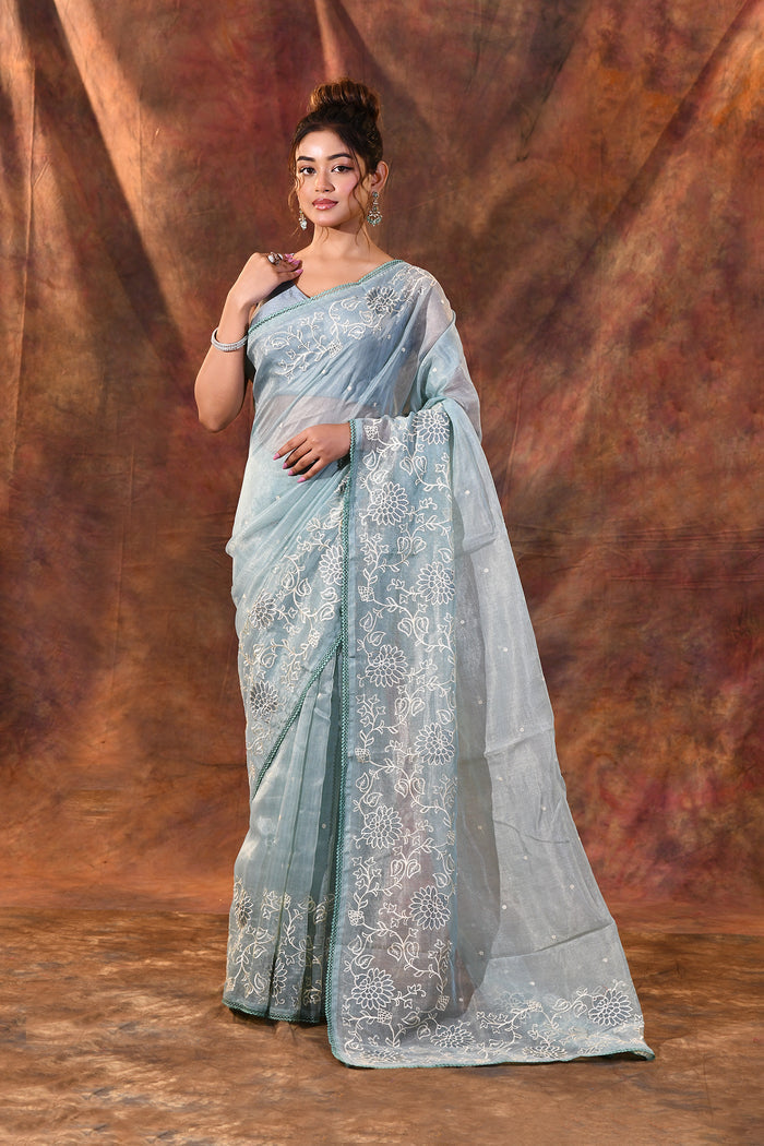 Pale Blue Floral Tissue Organza Saree
