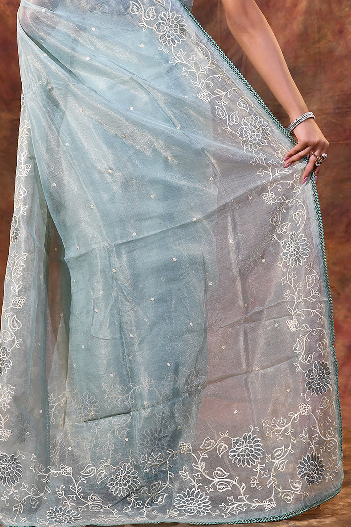 Pale Blue Floral Tissue Organza Saree
