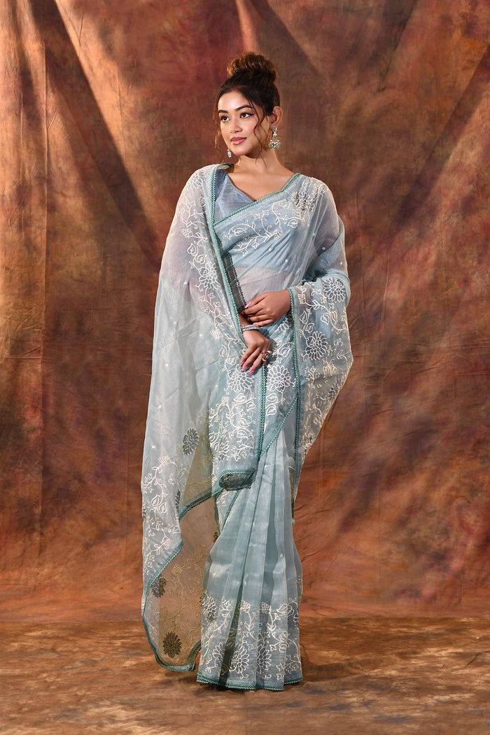 Pale Blue Floral Tissue Organza Saree