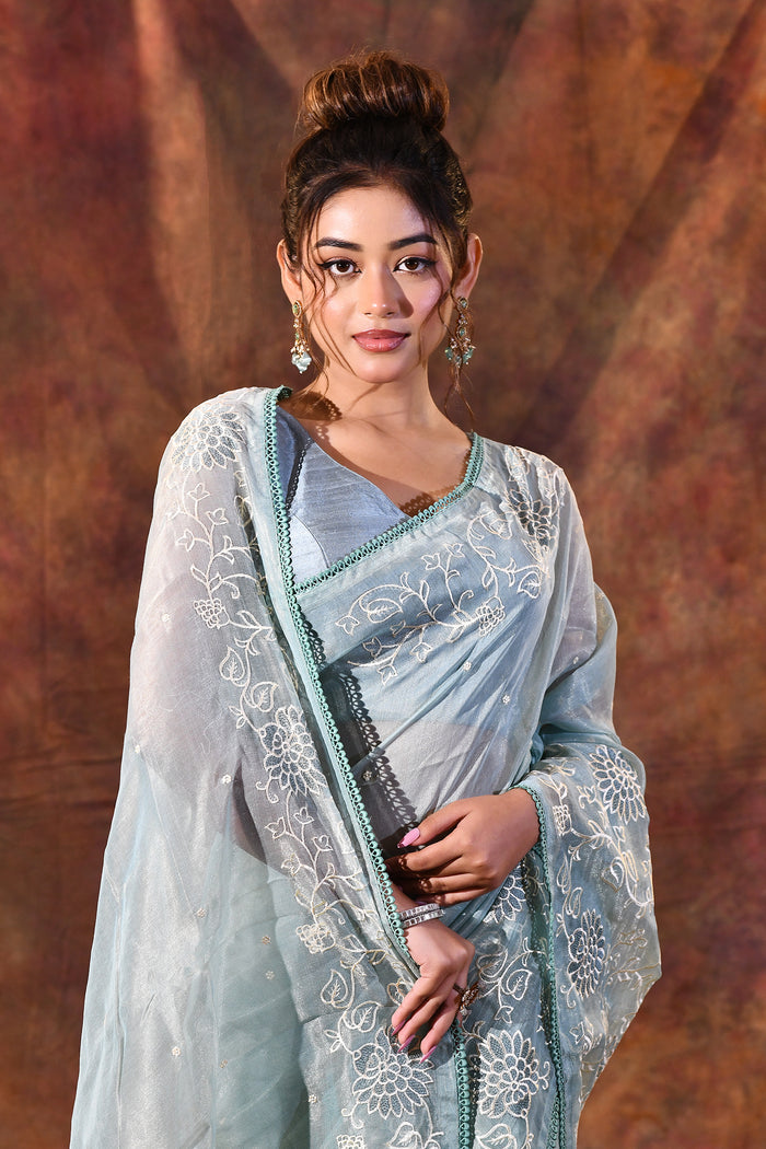 Pale Blue Floral Tissue Organza Saree