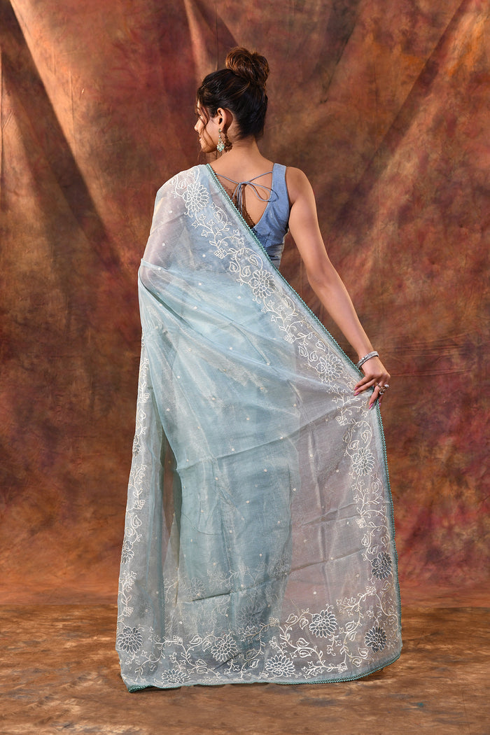 Pale Blue Floral Tissue Organza Saree