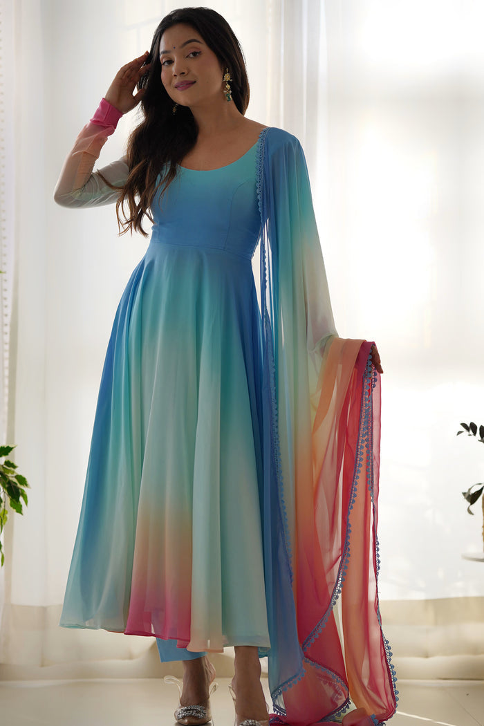 Pale Blue Georgette Ombre Dye Anarkali Set