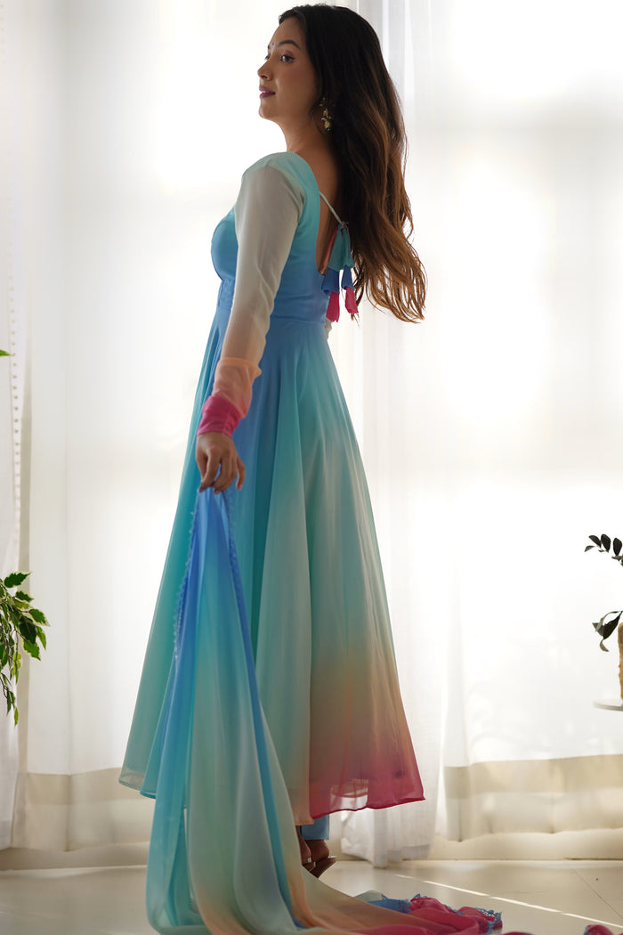 Pale Blue Georgette Ombre Dye Anarkali Set