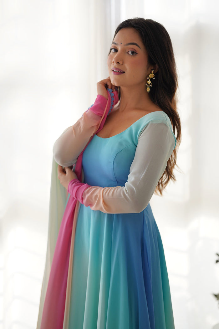 Pale Blue Georgette Ombre Dye Anarkali Set