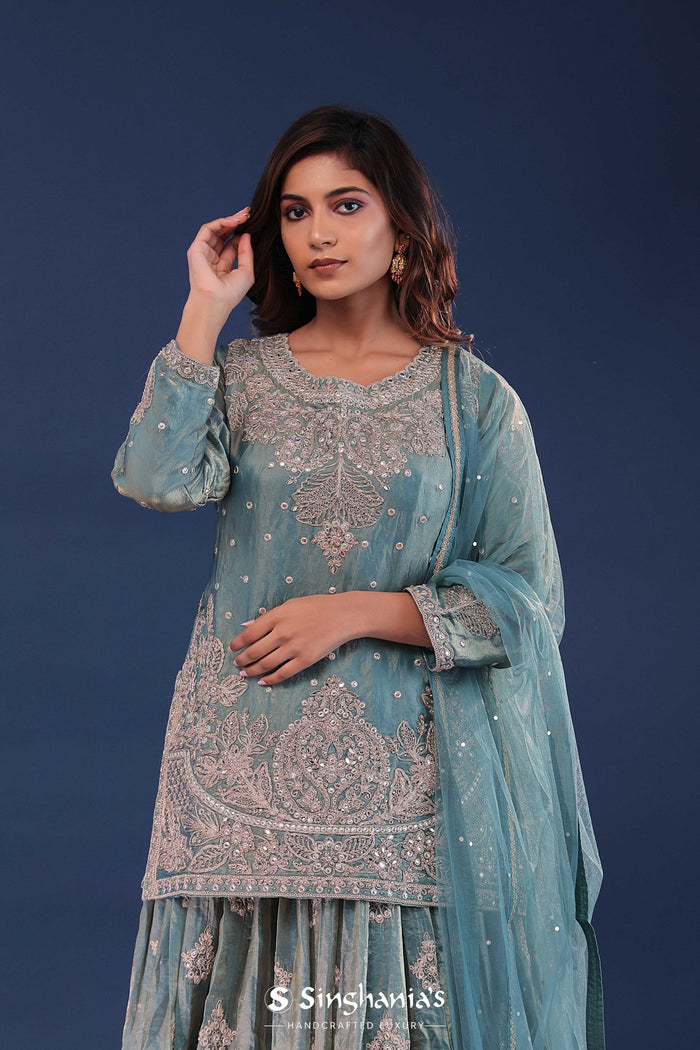 <img> Pale Blue Tissue Lehenga Set
