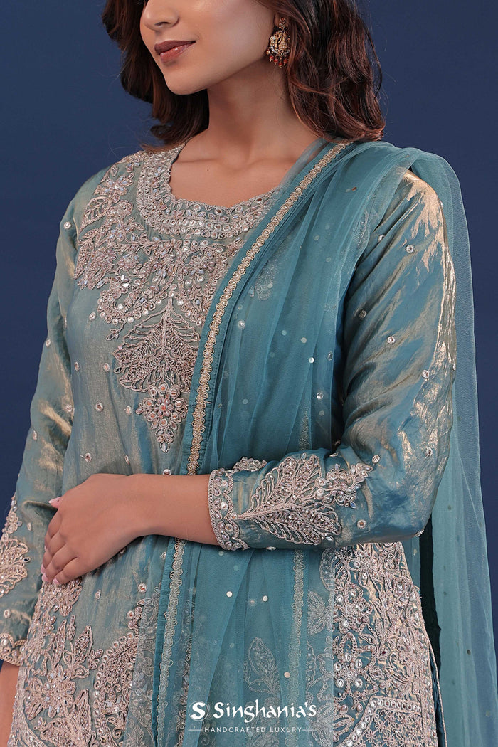 <img> Pale Blue Tissue Lehenga Set