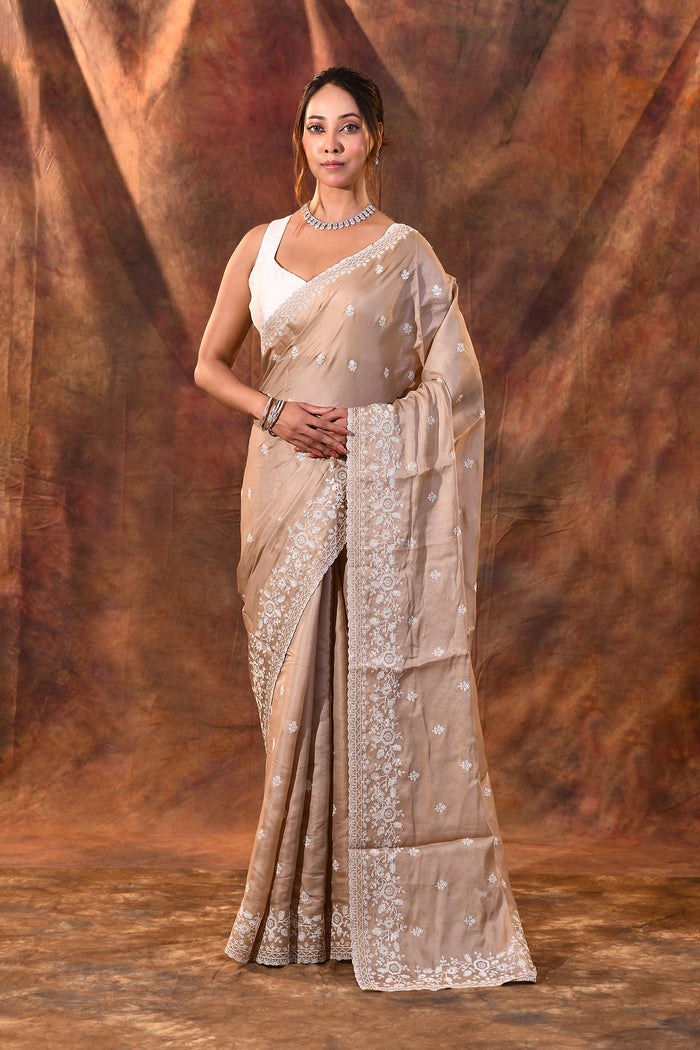 Pale Brown Floral Silk Blend Saree