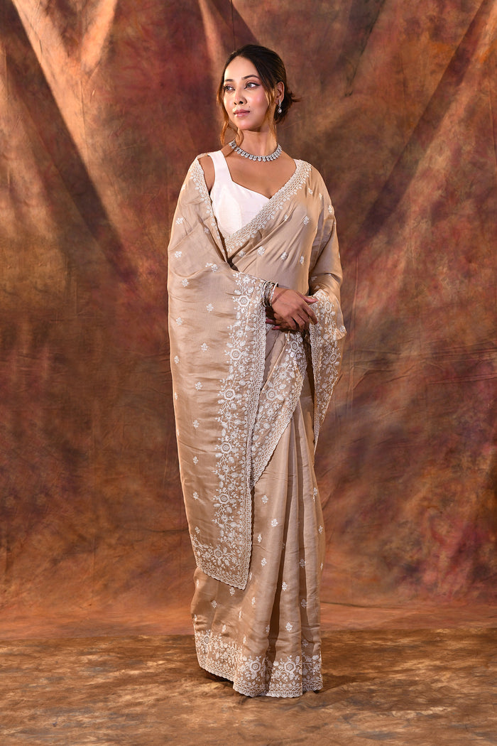 Pale Brown Floral Silk Blend Saree