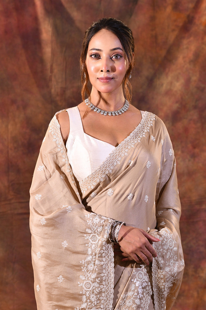 Pale Brown Floral Silk Blend Saree