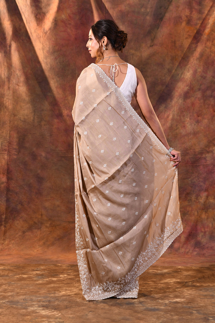 Pale Brown Floral Silk Blend Saree