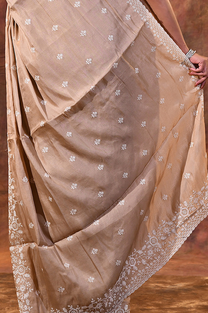 Pale Brown Floral Silk Blend Saree