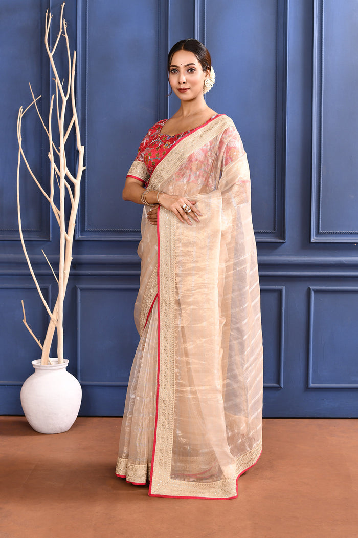 Pale Cream Embroidered Tissue Saree