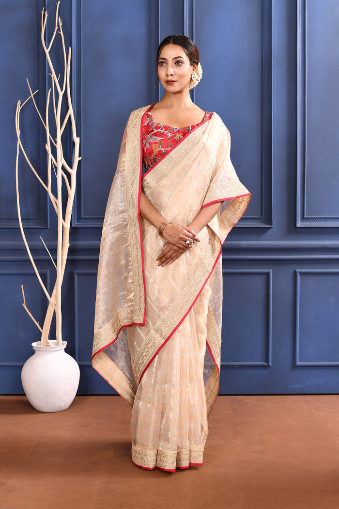 Pale Cream Embroidered Tissue Saree