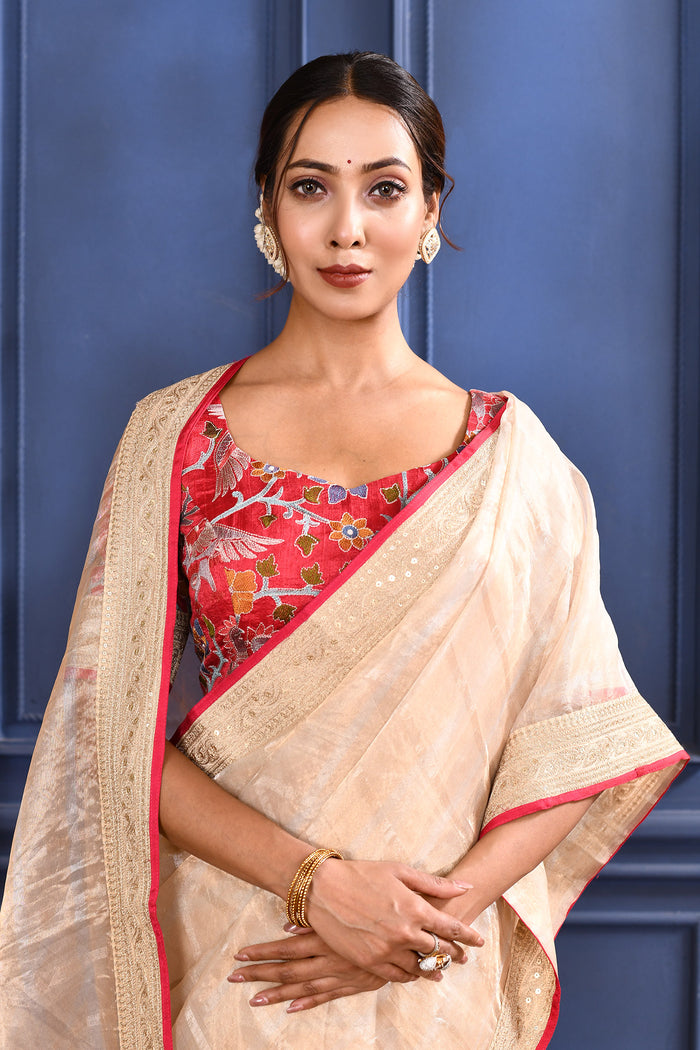 Pale Cream Embroidered Tissue Saree