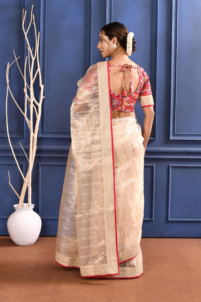 Pale Cream Embroidered Tissue Saree