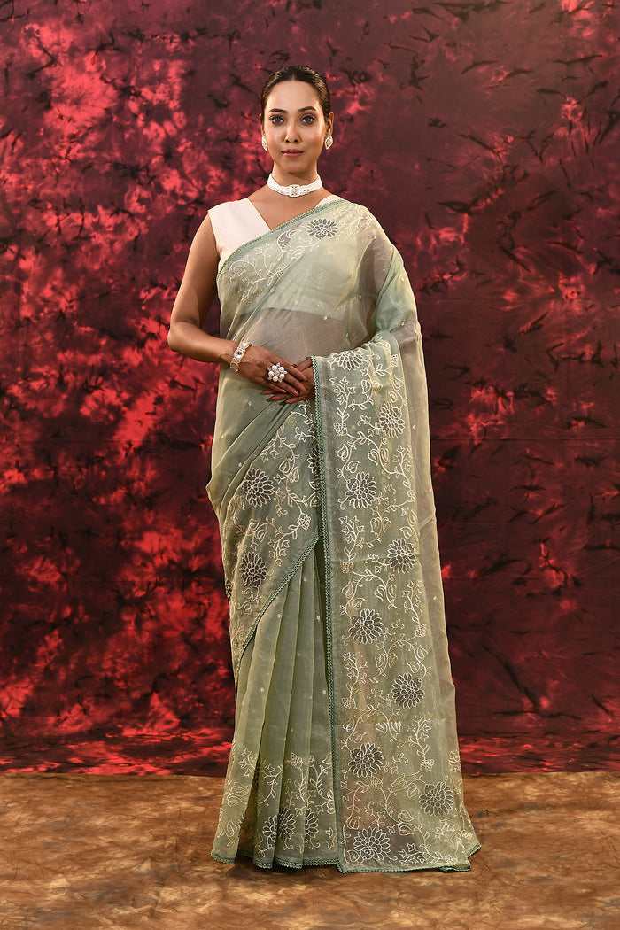 Pale Green Floral Tissue Organza Saree