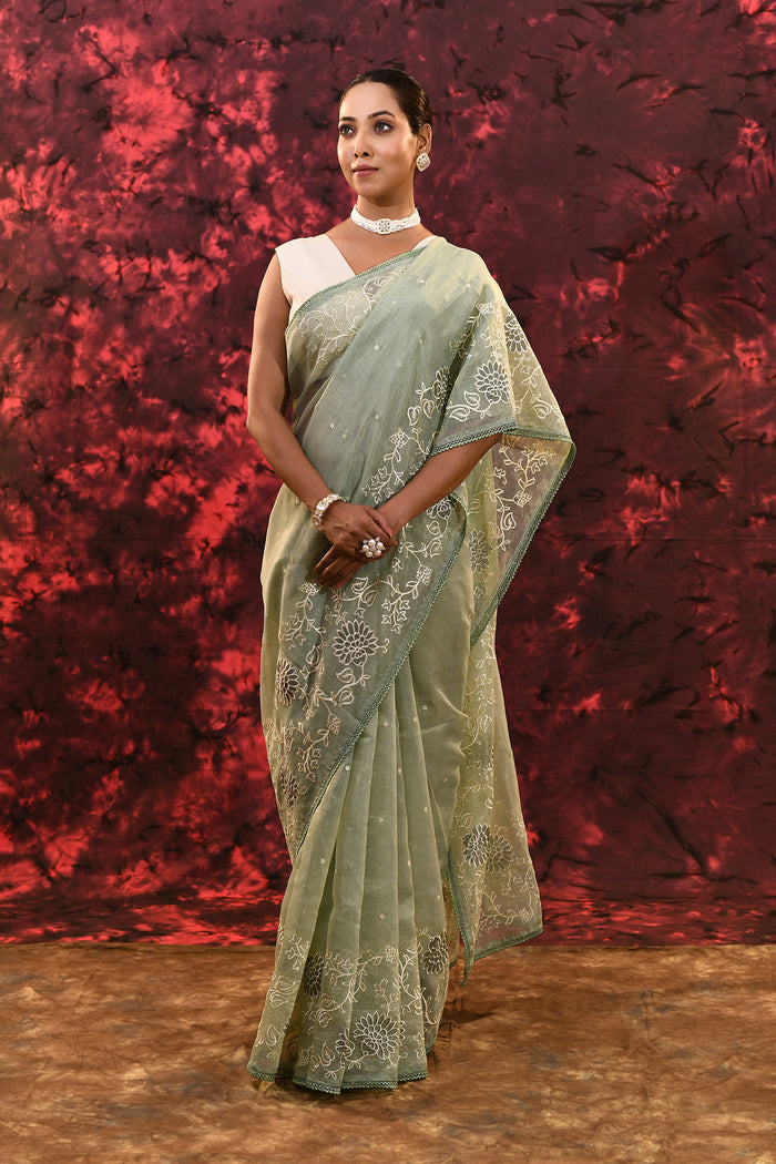 Pale Green Floral Tissue Organza Saree