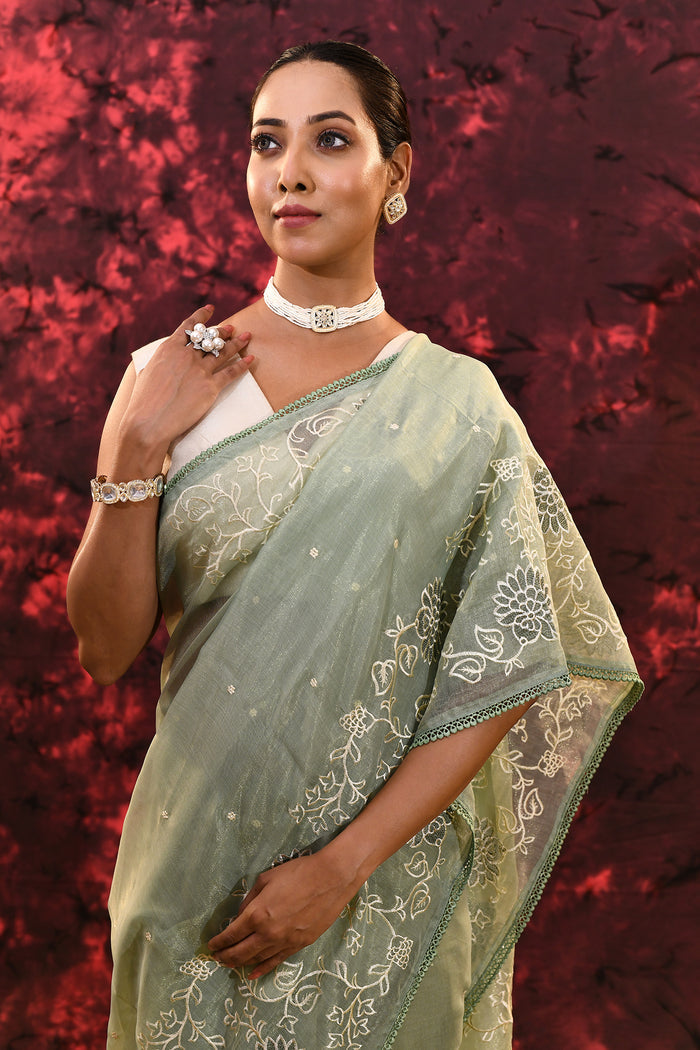 Pale Green Floral Tissue Organza Saree