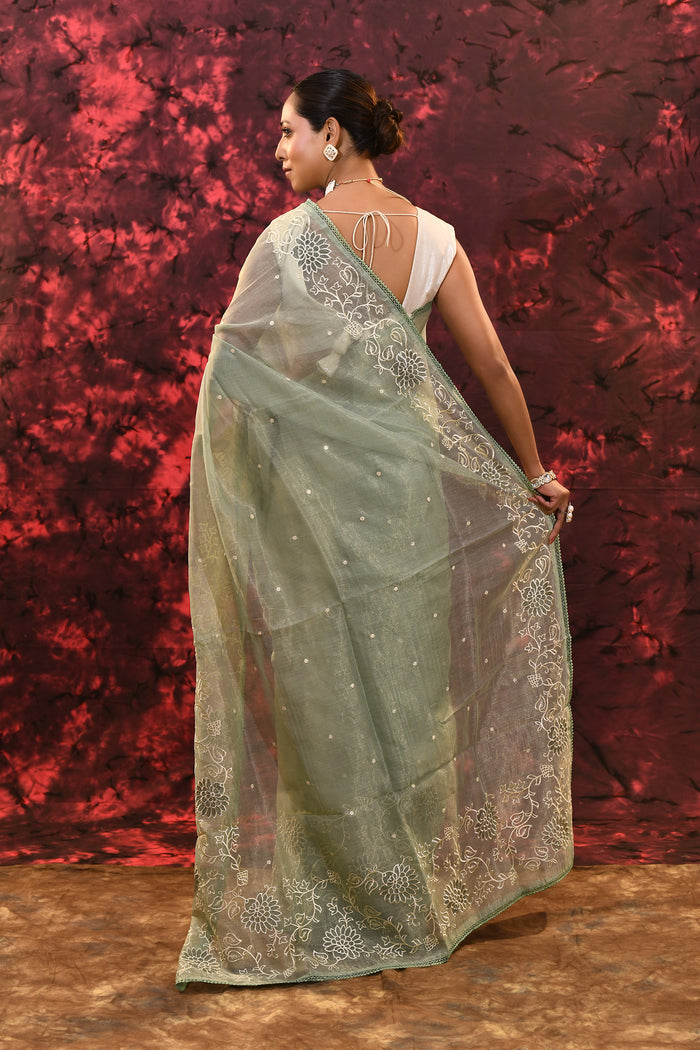 Pale Green Floral Tissue Organza Saree