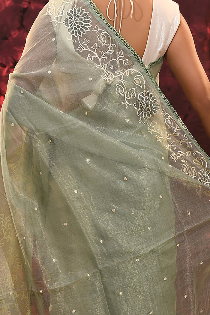 Pale Green Floral Tissue Organza Saree