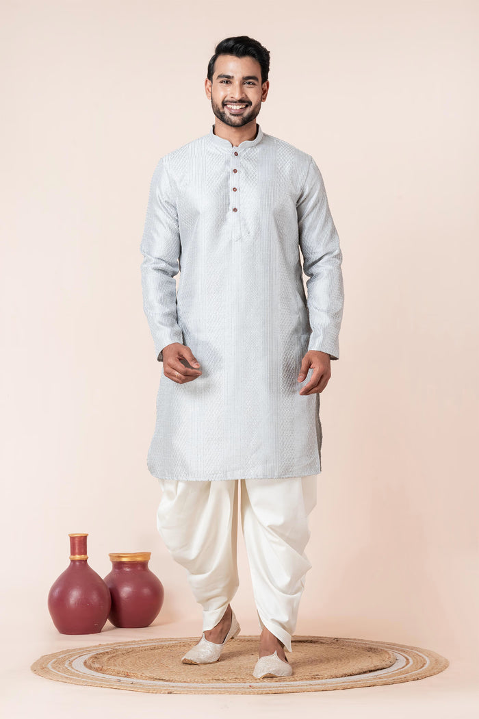 Pale Grey Silk Blend Embroidered Dhoti Set