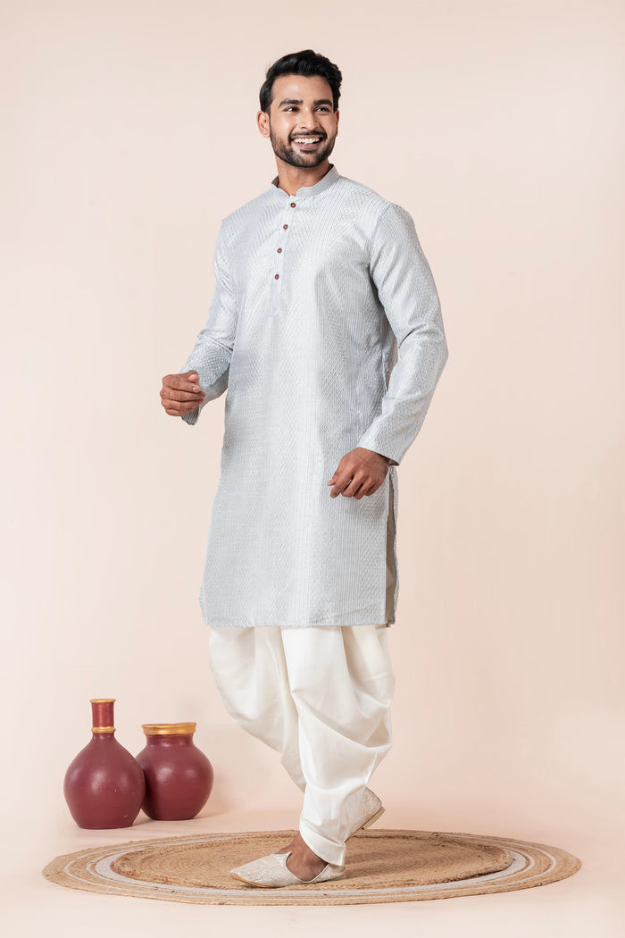 Pale Grey Silk Blend Embroidered Dhoti Set