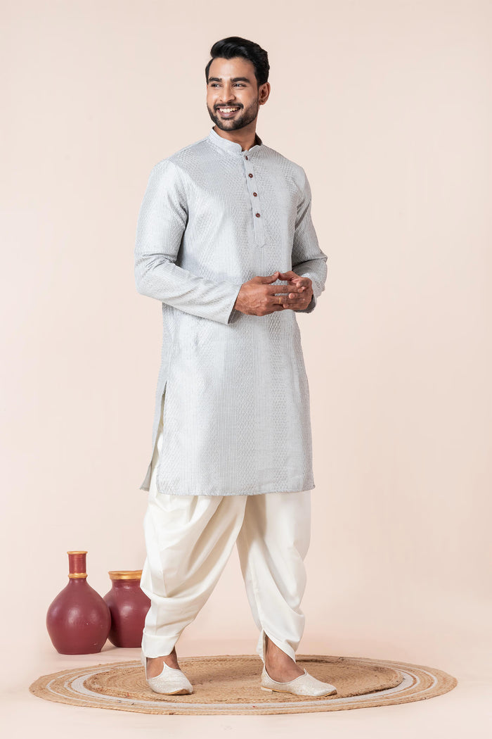 Pale Grey Silk Blend Embroidered Dhoti Set