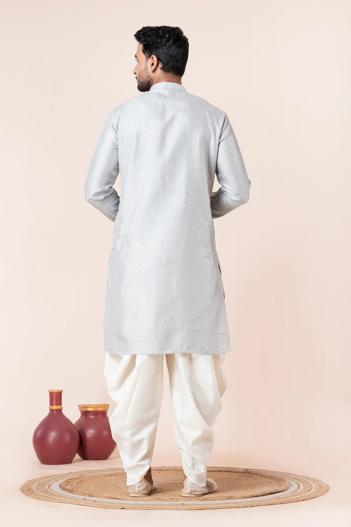 Pale Grey Silk Blend Embroidered Dhoti Set