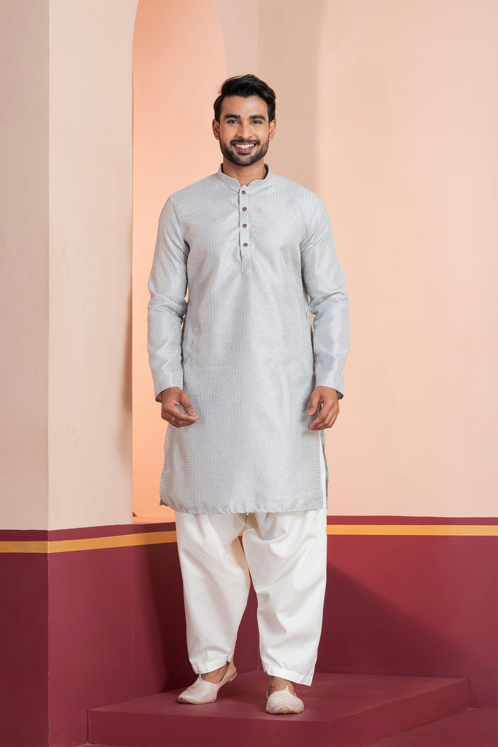 Pale Grey Silk Blend Embroidered Patiala Set