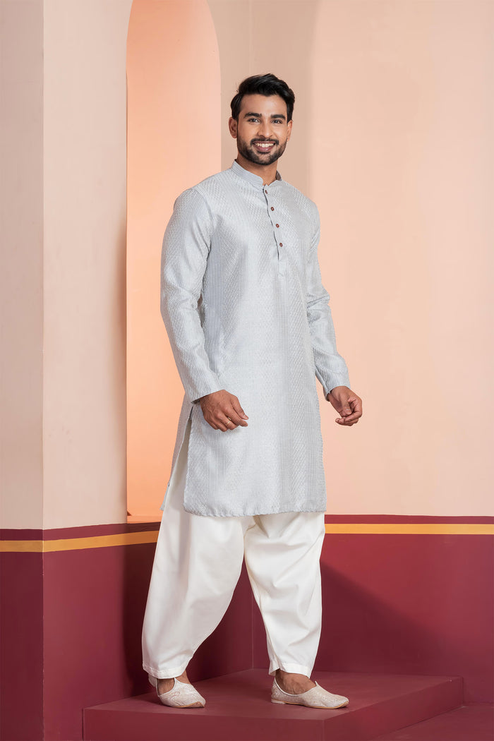 Pale Grey Silk Blend Embroidered Patiala Set