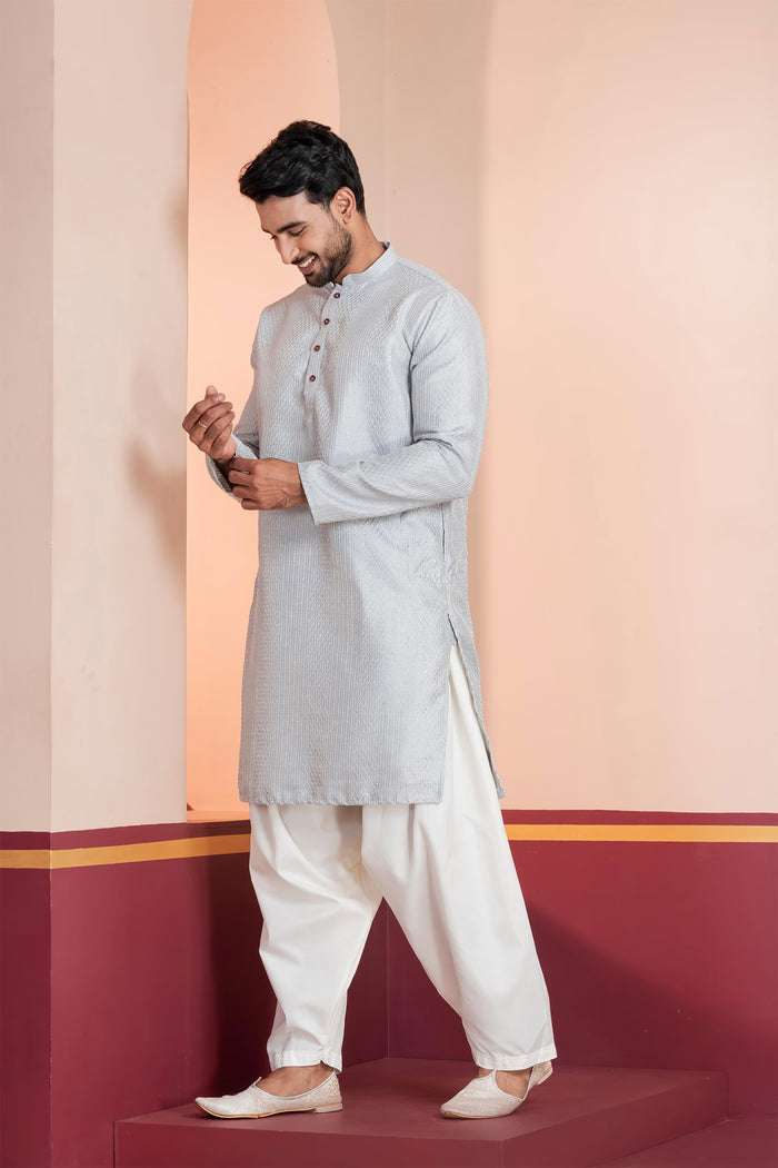 Pale Grey Silk Blend Embroidered Patiala Set