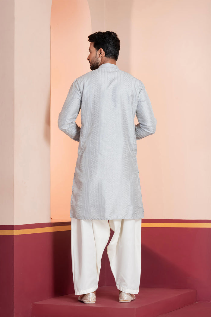 Pale Grey Silk Blend Embroidered Patiala Set